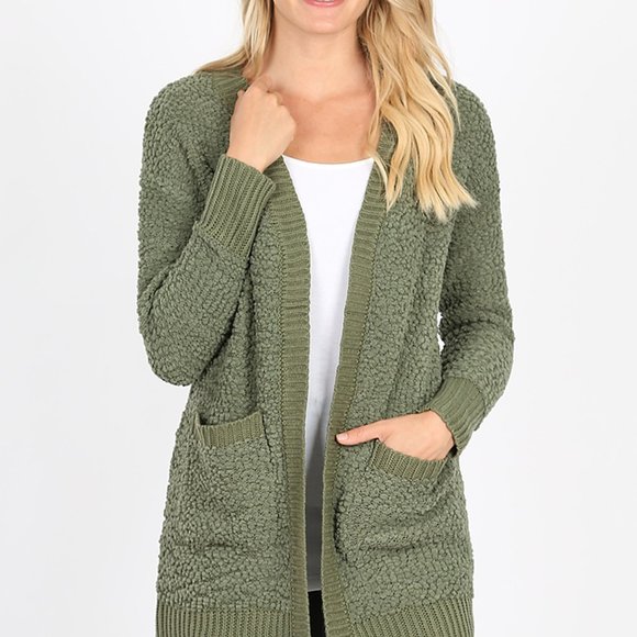 Zenana Long Sleeve Popcorn Sweater Cardigan with Pockets